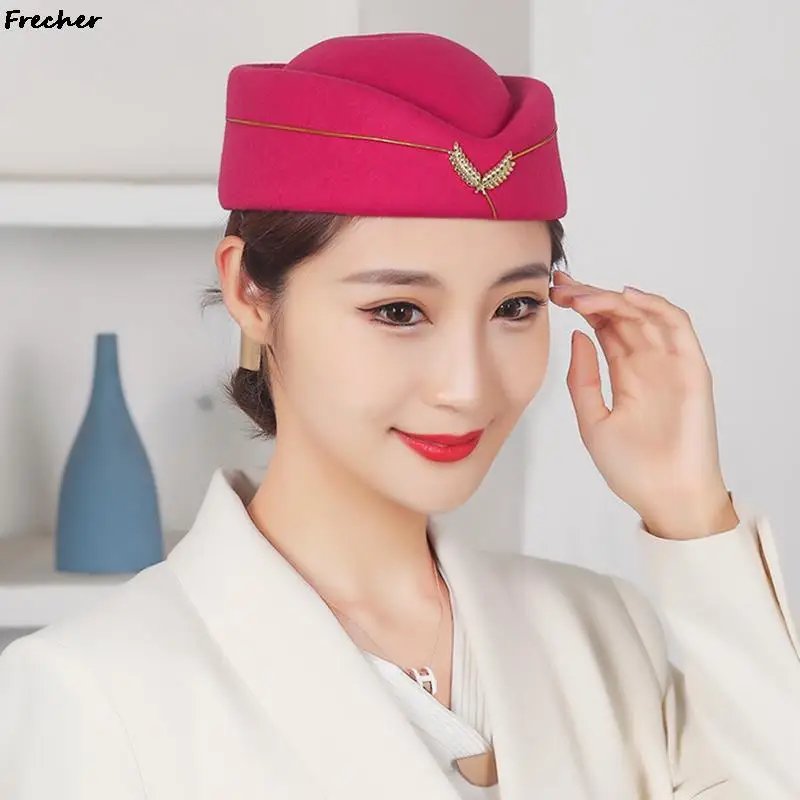 Air Hostesses Beret Hats Women Warm Wool Uniform Hat Sweet Fedoras Cap Role Play Stewardess Formal Caps Performance Party Prop