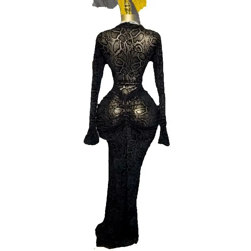 ชุดเดรสยาวแขนยาวซีทรูสีดำพิมพ์ลายสำหรับงานปาร์ตี้ ค็อกเทล งานวันเกิด งานเลี้ยงตอนเย็น งานพรอม ชุดราตรีสำหรับคนดัง