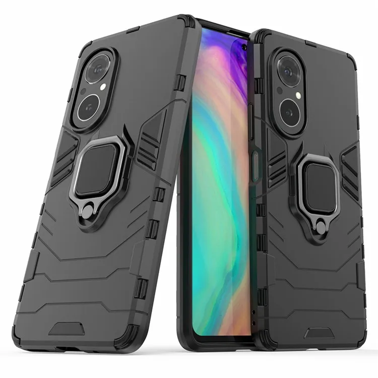

PC + TPU Ring Holder Kickstand Design Shell Cell Phone Hybrid Case Cover for Honor 50 SE - Black