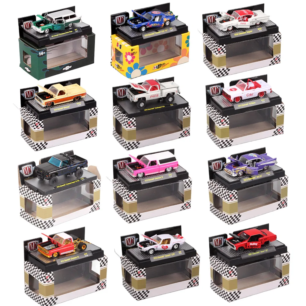 

1/64 Scale Chevrolet BelAir Impala Cheyenne Camaro K5 Chrysler 300 Dodge Charger Ford Mustang F250 GMC Diecast Car Model Toy M2