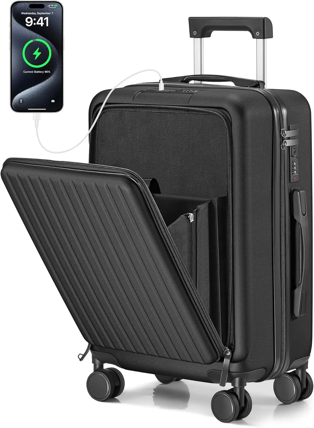 Suitour-Valise rigide approuvée par la compagnie aérienne avec poche avant, bagage à roulettes avec port USB, bagage à main, 22x14x9