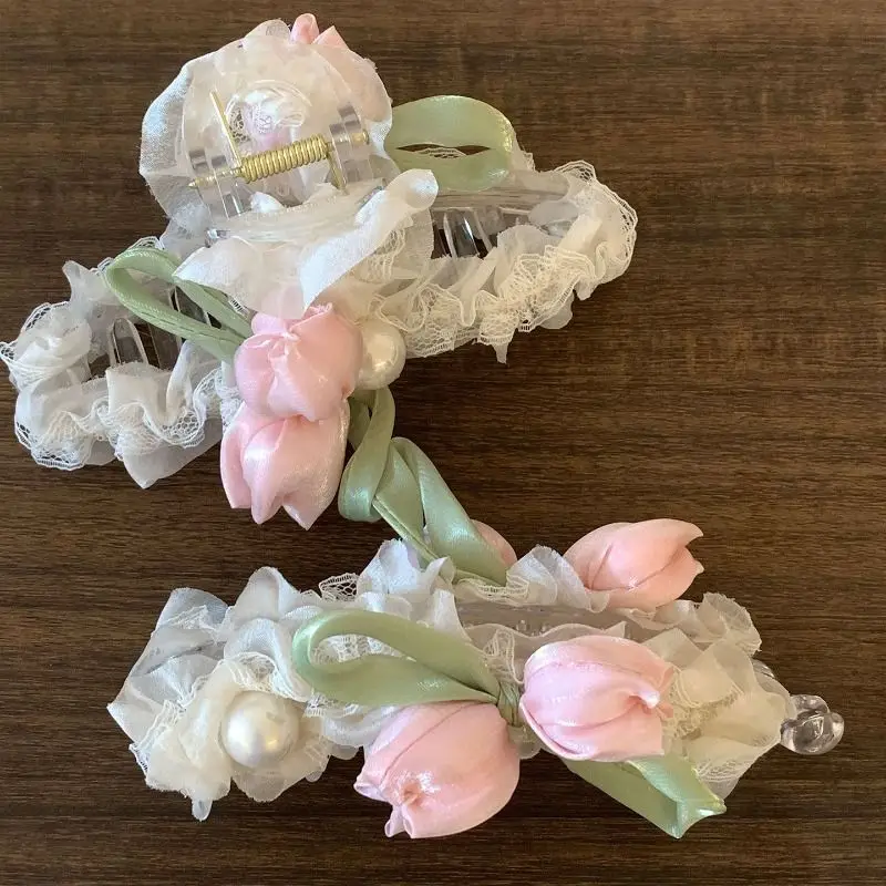 New Tulip Hair Claw Flower Grace Shark Clip Headdress Vintage Ponytail Claw Trendy Sweet Hair Clip Banana Clip
