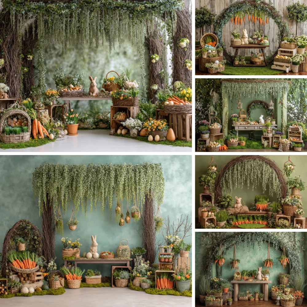 

Spring Easter Backdrop for Photography Flower Easter Bunny Eggs Tulips Flower Green Wood Wall Kids Baby Portrait Background Deco