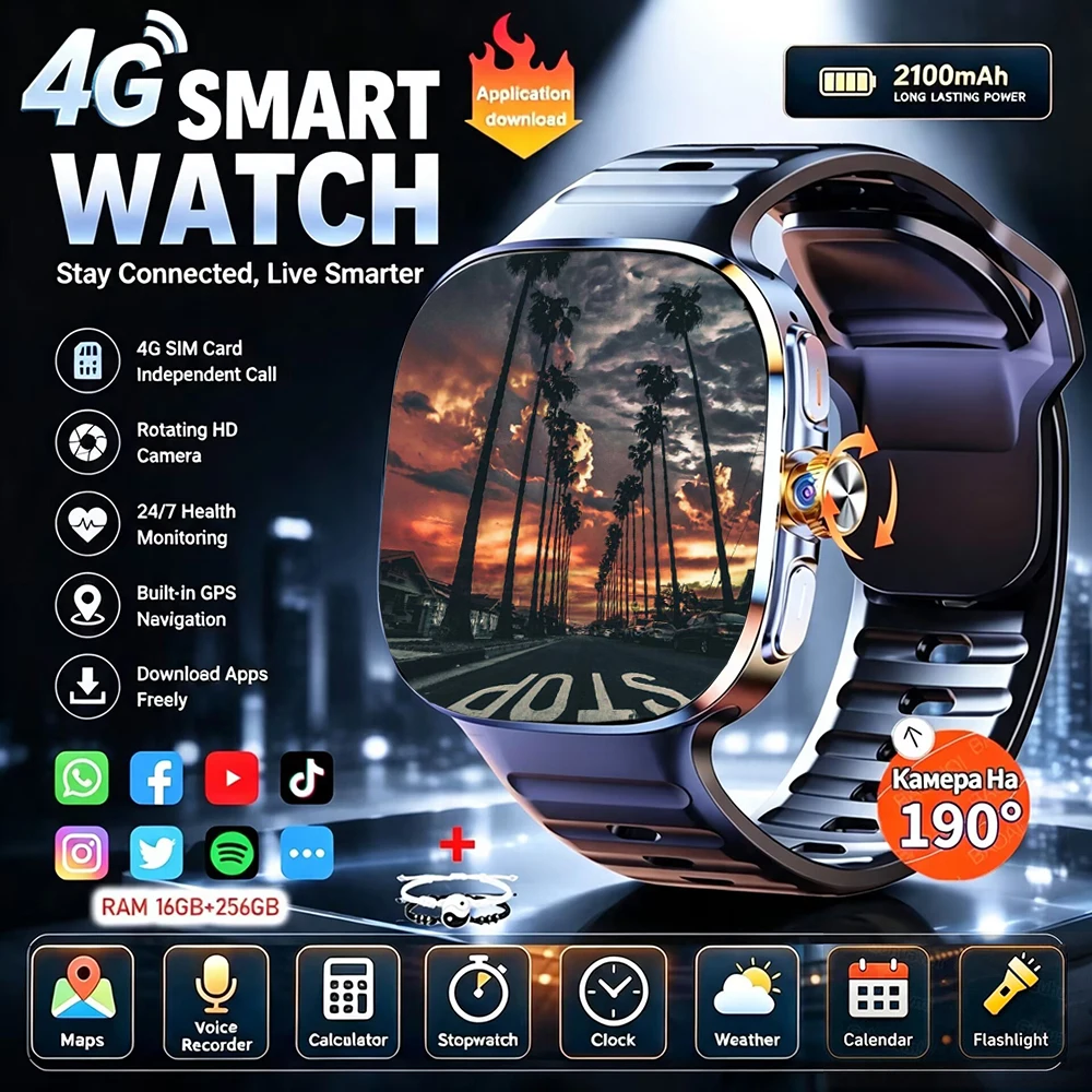 4G/3G SIM Card Smart Watch 190° Rotate Camera Small Fast Internet 16+256GB NFC GPS WiFi HD Voice Call Google Play Smart Bracelet