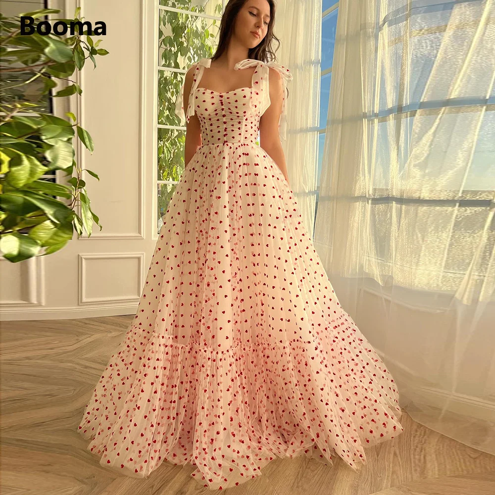 Booma Red Hearts Tulle A-Line Prom Dresses 2023 Sweetheart Bow Straps Tiered Wedding Party Gowns Maxi Formal Event Dresses