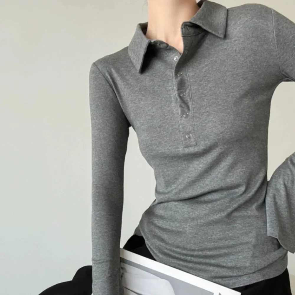 Minimalist Slim Fit Flip Collar Top Korean Style Spicy Girl Design Bell Sleeved Top Ins Solid Color T-Shirt for Women Autumn
