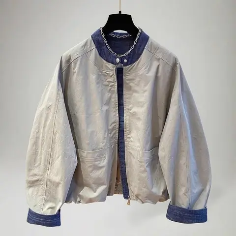 Spring Autumn 2026 Loose Fit Stand Collar Denim Patchwork Jacket Women Fashion Leisure Style Top Loose Zipper Women Clothing