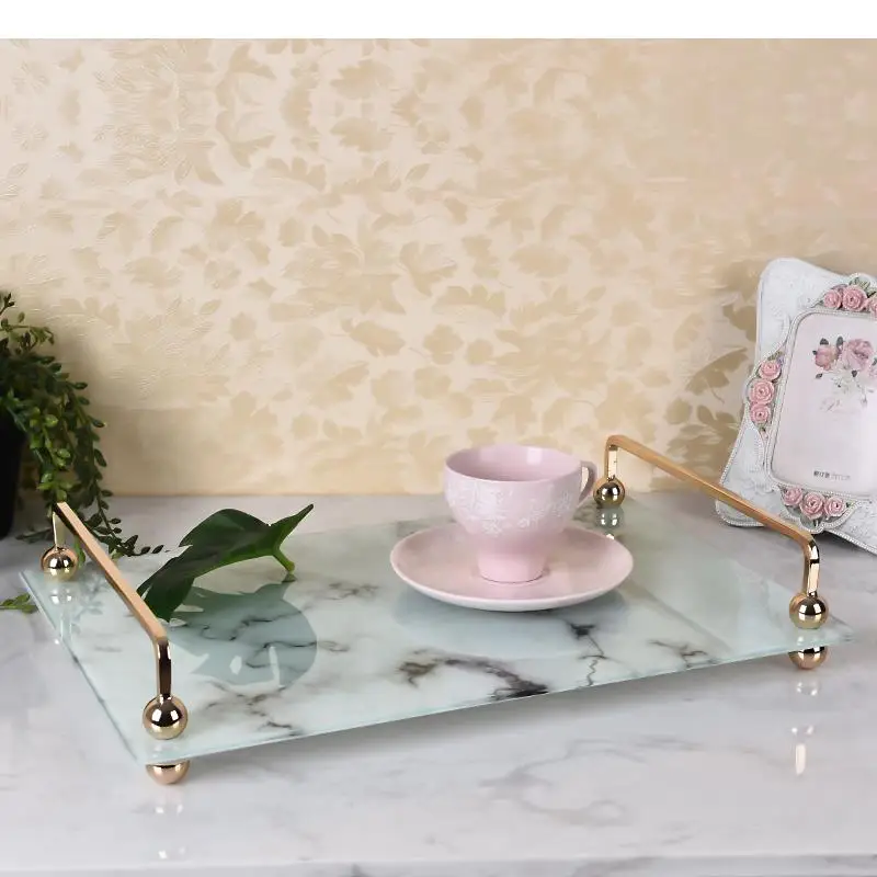 

Imitation Marble Glass Tray Decorative Trays Golden Handle Serving Tray Dressing Table Cosmetic Storage Plates Bathroom Shelves