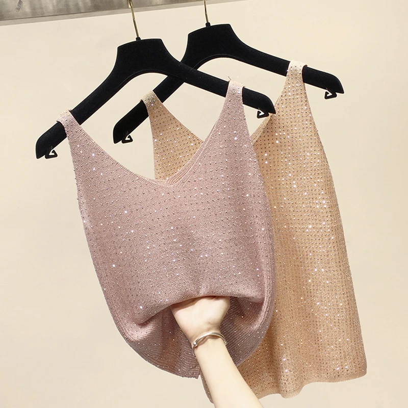 Shiny Thread Women's Tank Top Diamond Embellished Base Shirt V-neck Sleeveless Inner Wear Standard Fit Fashionable Sunscreen ...