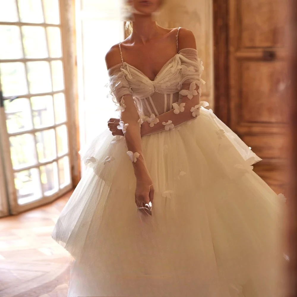 Customized Off the Shoulder Ivory Tulle Bridal Gown with Delicate Butterflies and Multiple Ruffled Layers