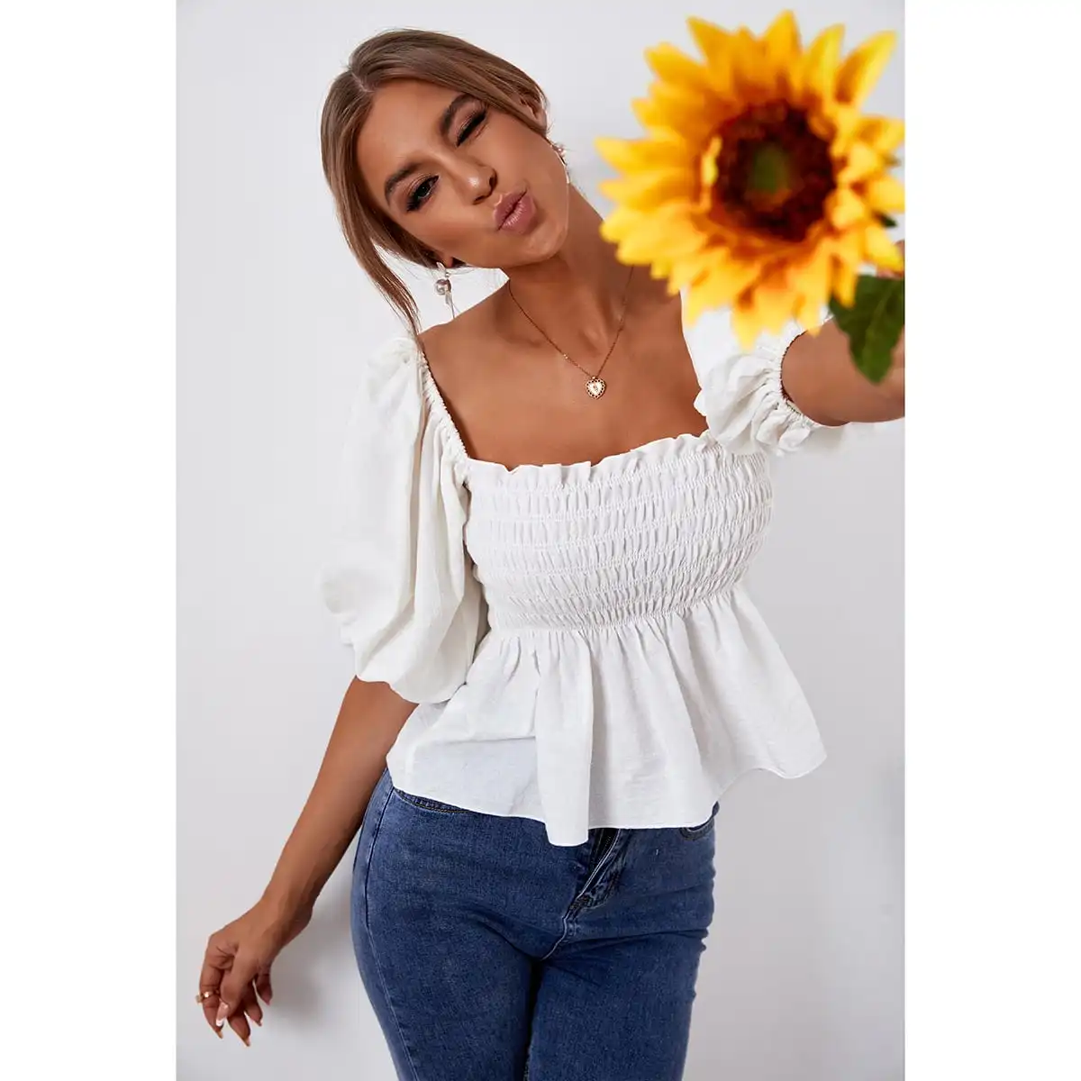 Women T-shirt Solid puff sleeve slash neck Tee High Quality Puff Sleeve Blouses Tops Ladies Square Neck Short Sleeve Crop Tops