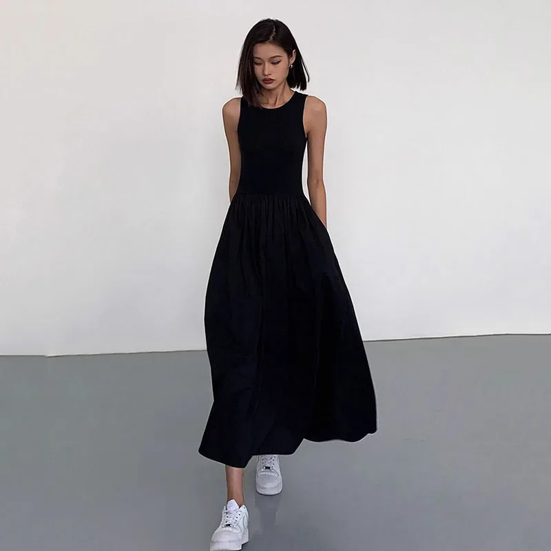 Summer Sleeveless Long Dress For Women Korean Fashion High Waist Round Neck Dresses Woman Solid Simple Temperament Midi Dress