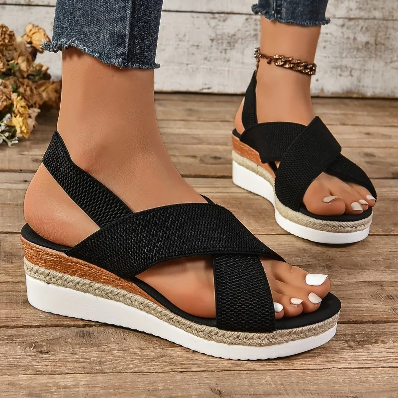 Sandalias de plataforma con punta abierta y punta redonda para mujer, cuñas de paja antideslizantes, suela suave y ligera, a la moda, novedad de verano