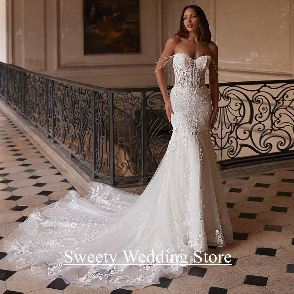 Exquisite Mermaid Wedding Dress Lace Bridal Gown Customized Pearls Off Shoulder Sweetheart Applique Court Train Bride Dresses