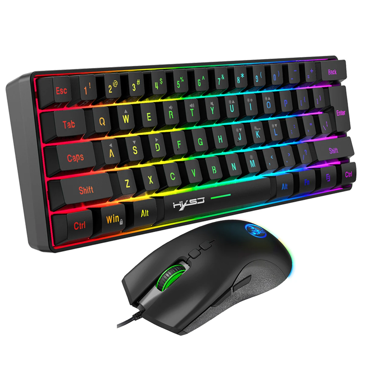 

Wired 60% Mini Keyboard Mouse Set 61 Keys Dual Color Injection Keycaps Color Backlit Optical USB Plug