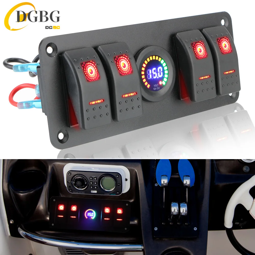 

For Car Marine Caravan RV Double Light Switch Waterproof Circuit Breaker LED Voltmeter 12/24V 4 In 1 ON-OFF Rocker Switch Panel