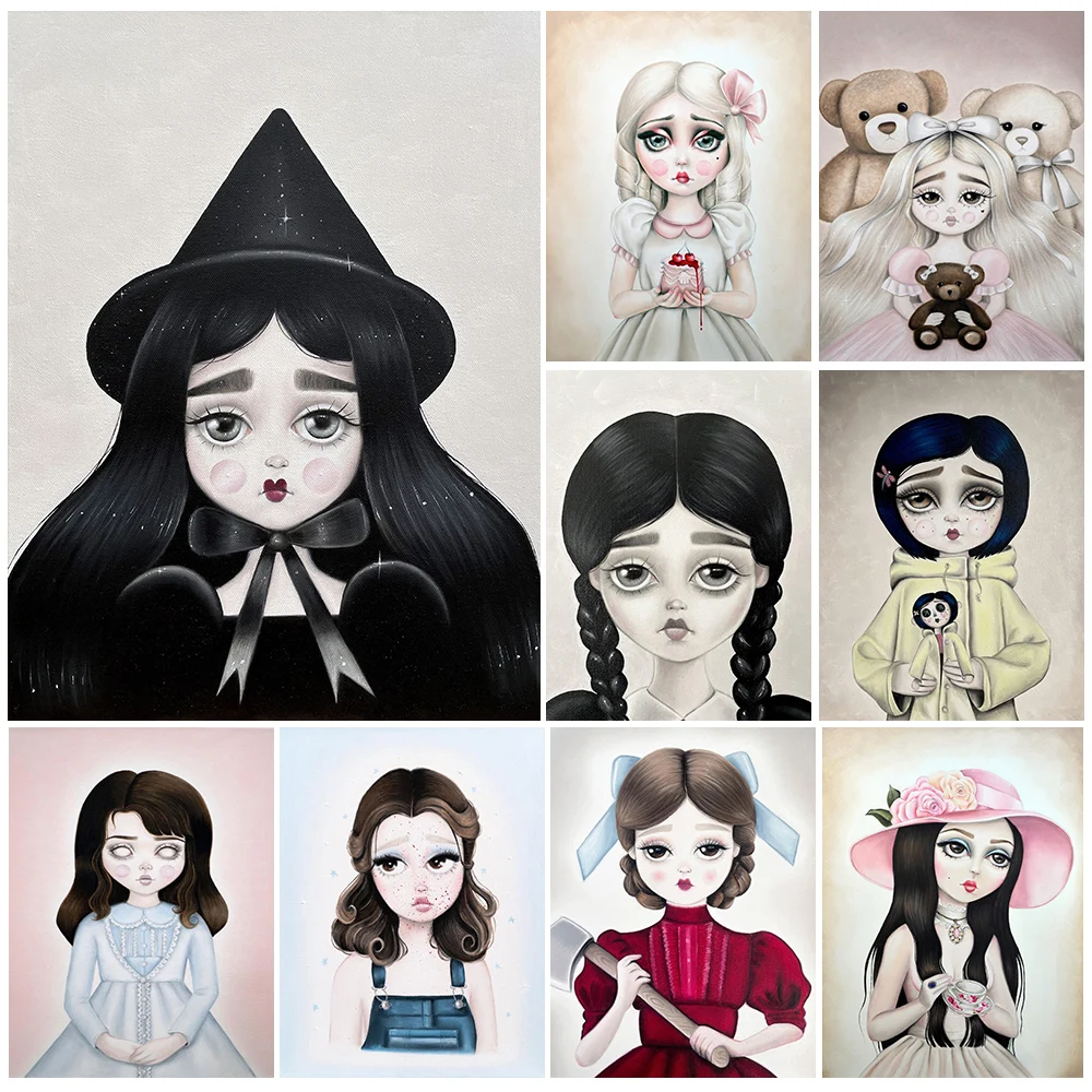 The Haunted Doll And Witch Dolly Surrealism Art Poster Print,Creepy Doll Lowbrow Wall Art Canvas Painting Home Decor Unframed