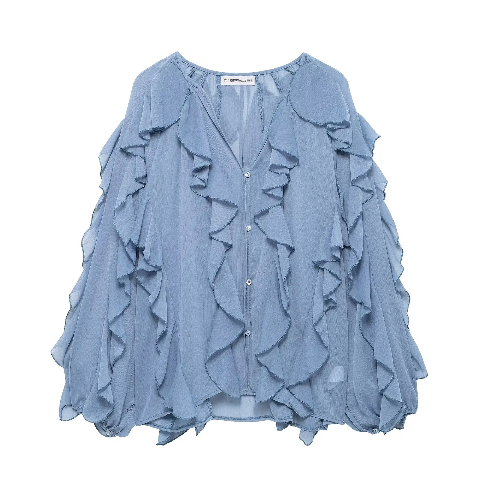 قميص نسائي فضفاض بأكمام طويلة وياقة على شكل V مع زخارف متعددة الطبقات، أسلوب كاجوال من ألياف البوليستر بلون واحد، موضة موسم ا... #4