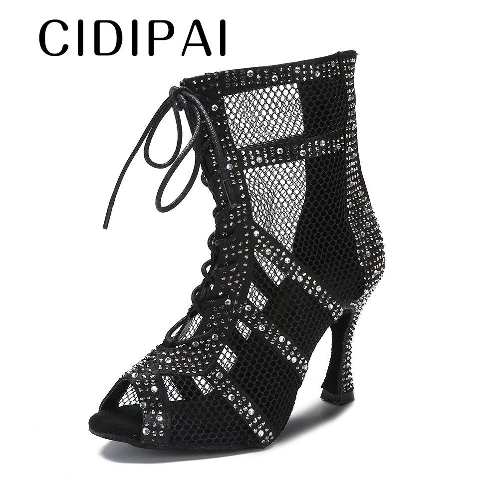 CIDIPAI Latin Dance Shoes Women Black Ballroom Dance Boots Rhinestones Dance Sandals Latino Salsa Dancing Shoes For Girls 7.5cm