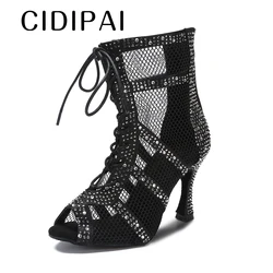 CIDIPAI Latin dans ayakkabıları kadın siyah balo salonu dans botları Rhinestones dans sandalet Latin Salsa dans ayakkabıları kızlar için 7.5cm