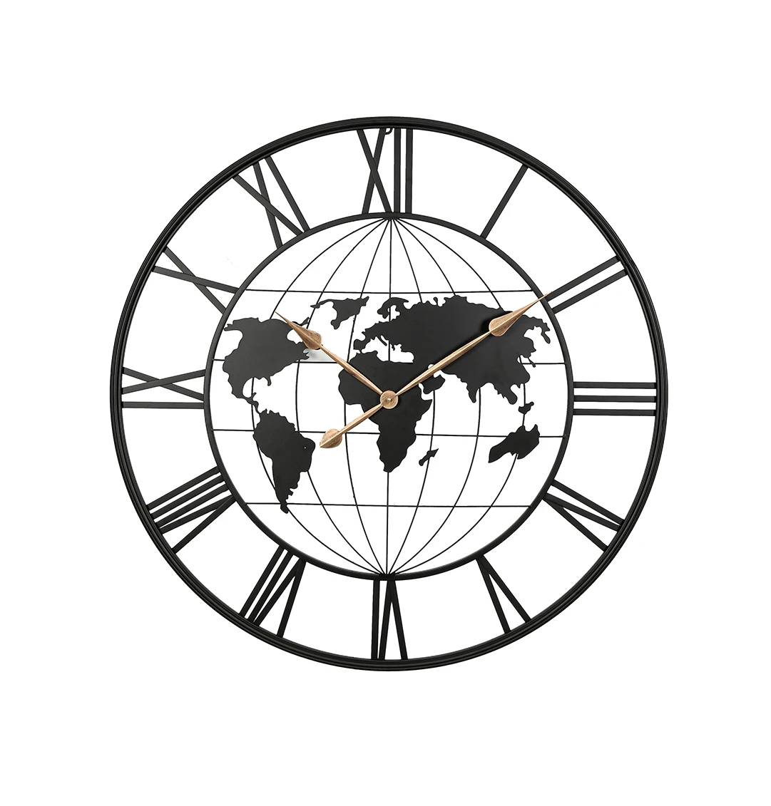 World Map Globe Design Skeleton Wall Clock, Industrial Black Metal Silent Non-Ticking Clock for Living Room Office Decor