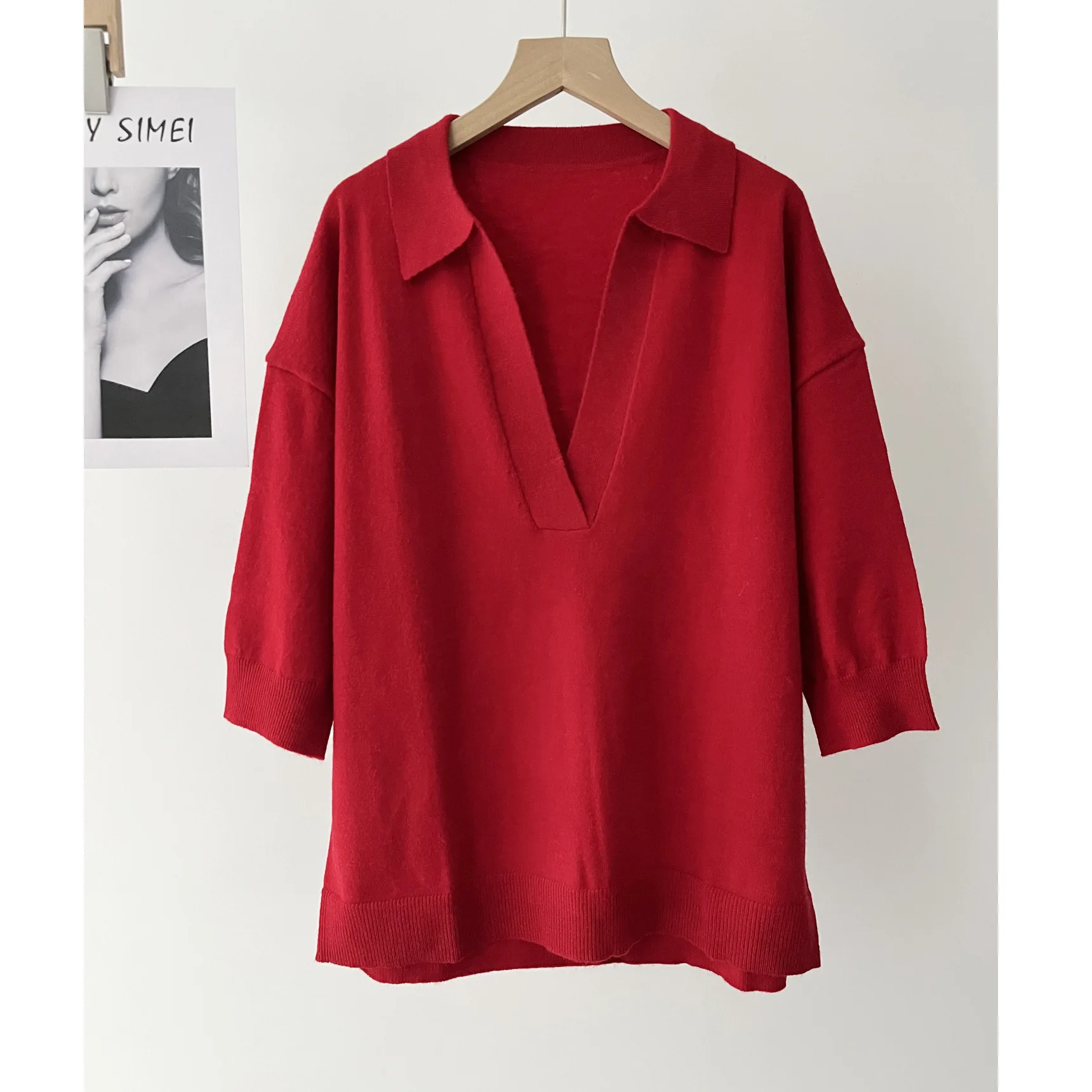 

Women's Commuter Versatile V-Neck Medium Sleeve Knitted Polo Shirt Top Spring and Autumn 16a-1717