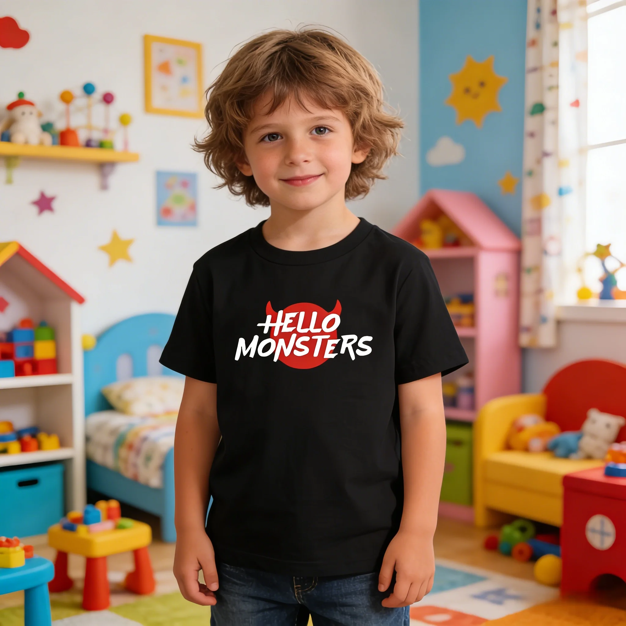 Hello Monsters Fashion Round Neck Short Sleeve Top Cotton Loose Fit Machine Washable for Sports Outdoor Daily Casual Wear