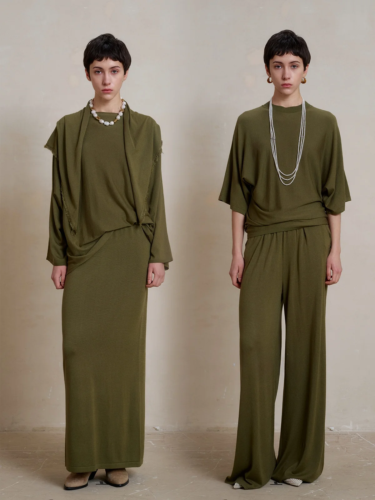 

WITTY Lazy Person's Silk Cashmere Wool Knitted Top Loose Long Sleeve Women's Set Minimalist Style Half Skirt round Neck