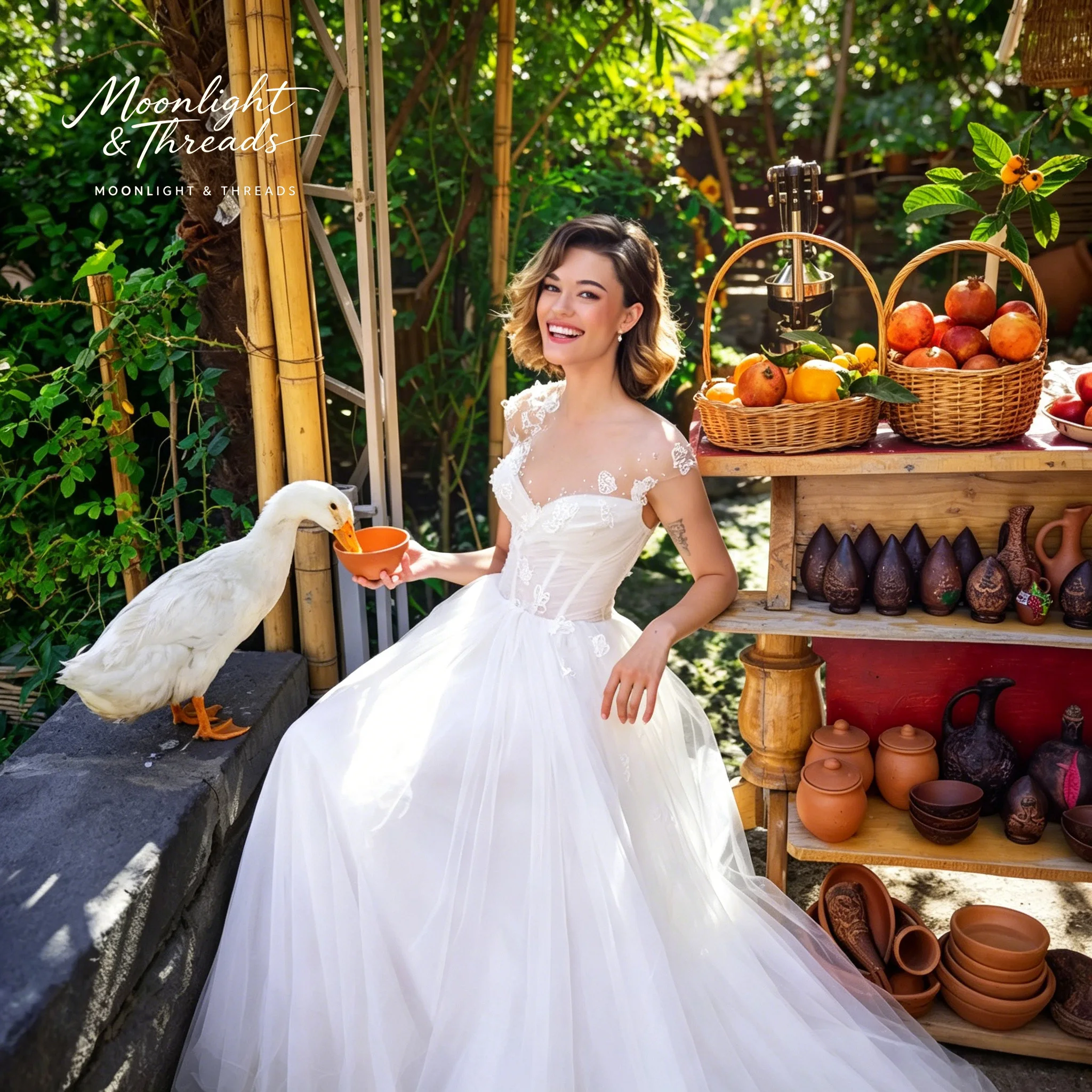 

White off-the-shoulder low-neckline wedding gown with a sweeping train featuring a voluminous skirt, floral embroidery,