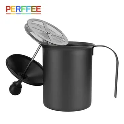 Manual Milk Frother Non-stick Stainless Steel Hand Pump Creamer Double Mesh Coffee Milk Frothing Pitcher Jug Black 400/800 ML