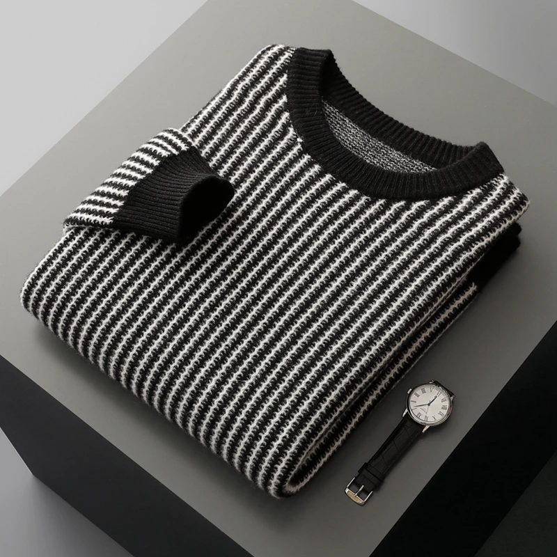 100% Pure Wool Men's Round Neck Striped Sweater Loose Casual Knit Bottoming Cashmere Sweater Thick Warm Top