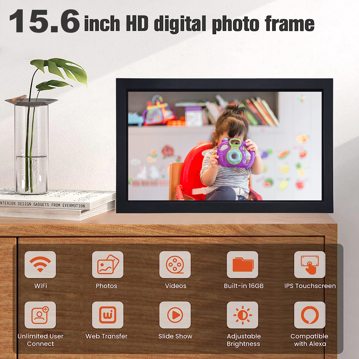 32GB 15.6inch Large1920 * 1080IPS FHD Touchscreen Easily Share Photos Videos FRAMEO 15.6inch Large WiFi Digital Photo Frame