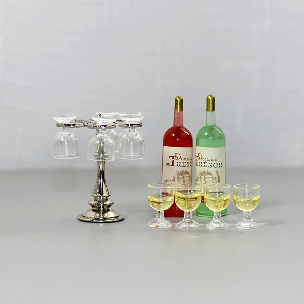1/12 Dollhouse Miniature Wine Glass Goblet Wine Bottle Rack set Model Toy for Doll House Accessories Decoration ob11 bjd