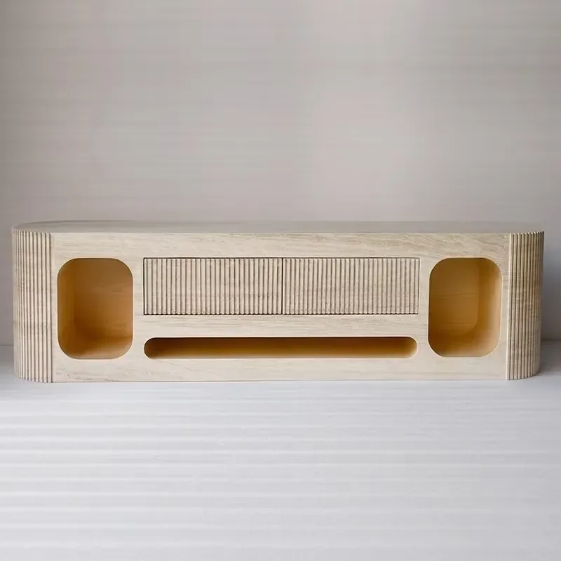 Modern Natural Travertine Wall-Mounted TV Stand and Coffee Table Set for Home Living Room Furniture