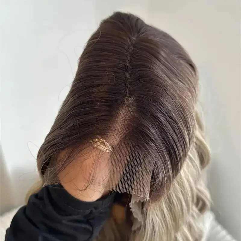 

Women's Natural Wigs Ombre Ash Blonde Bouncy Wavy Synthetic HD Lace Front Wig High Quality Wig Balayage PrePlucked Hairline 28''