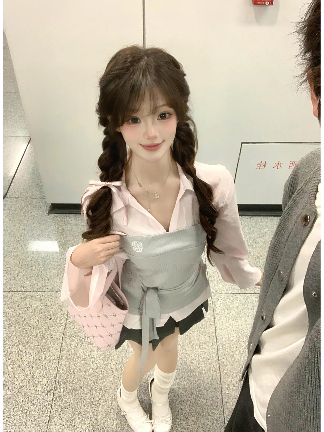 

Early Spring Pink Long Sleeve Fake Two-Piece Shirt And Skirt Set for Teenage Girls High Waist Pleated Skirt Breathable