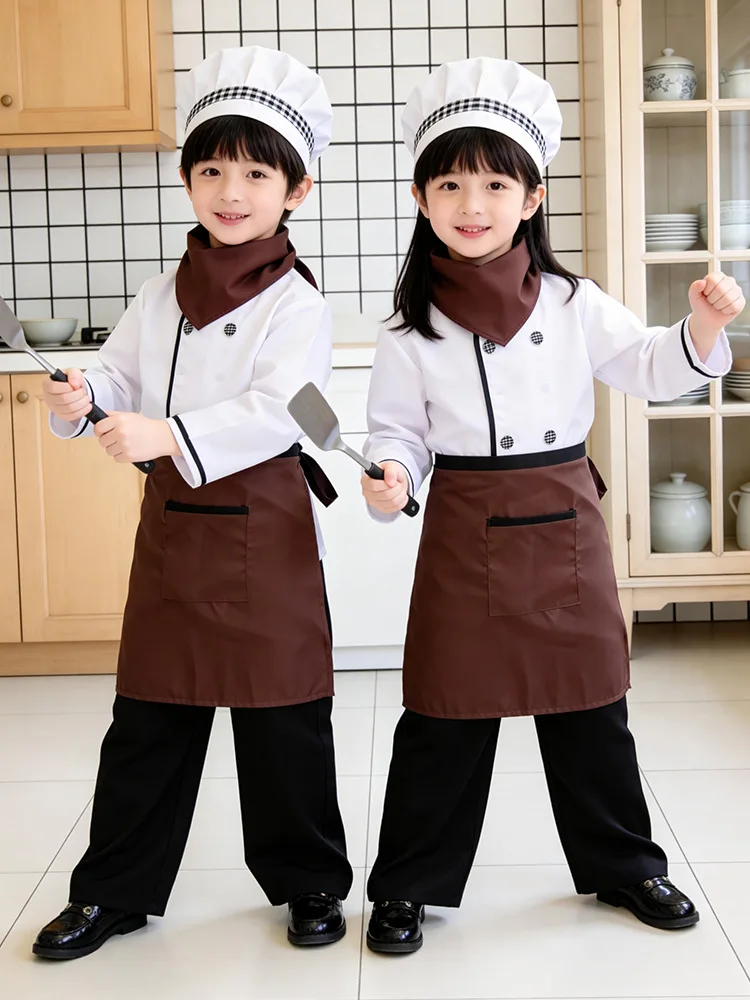 4pc Cute Kids Chef Uniform with Apron Hat Scarf Set Cooking Role Play Birthday Party Cosplay Kindergarten Dress Up Costume