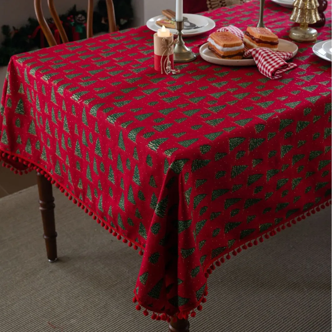 Christmas Red Hot Stamping Tablecloth Fir Tree Printing Tassel Rectangle Tablecloth Dining Table Coffee Table Cover Home Decor