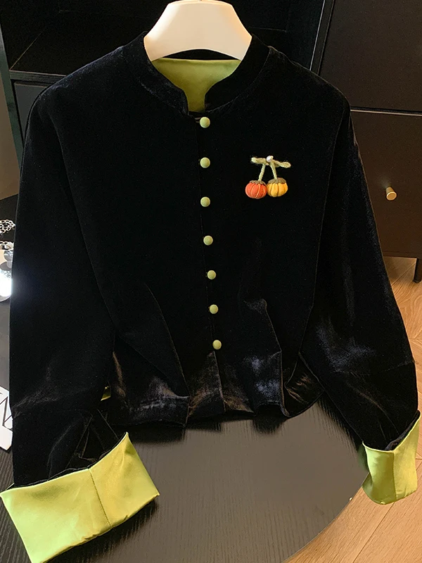 New Chinese Style Velvet Long Sleeve Coat Women's Loose Collarless Jacket Autumn Winter New Loose Personality Match All Butto...