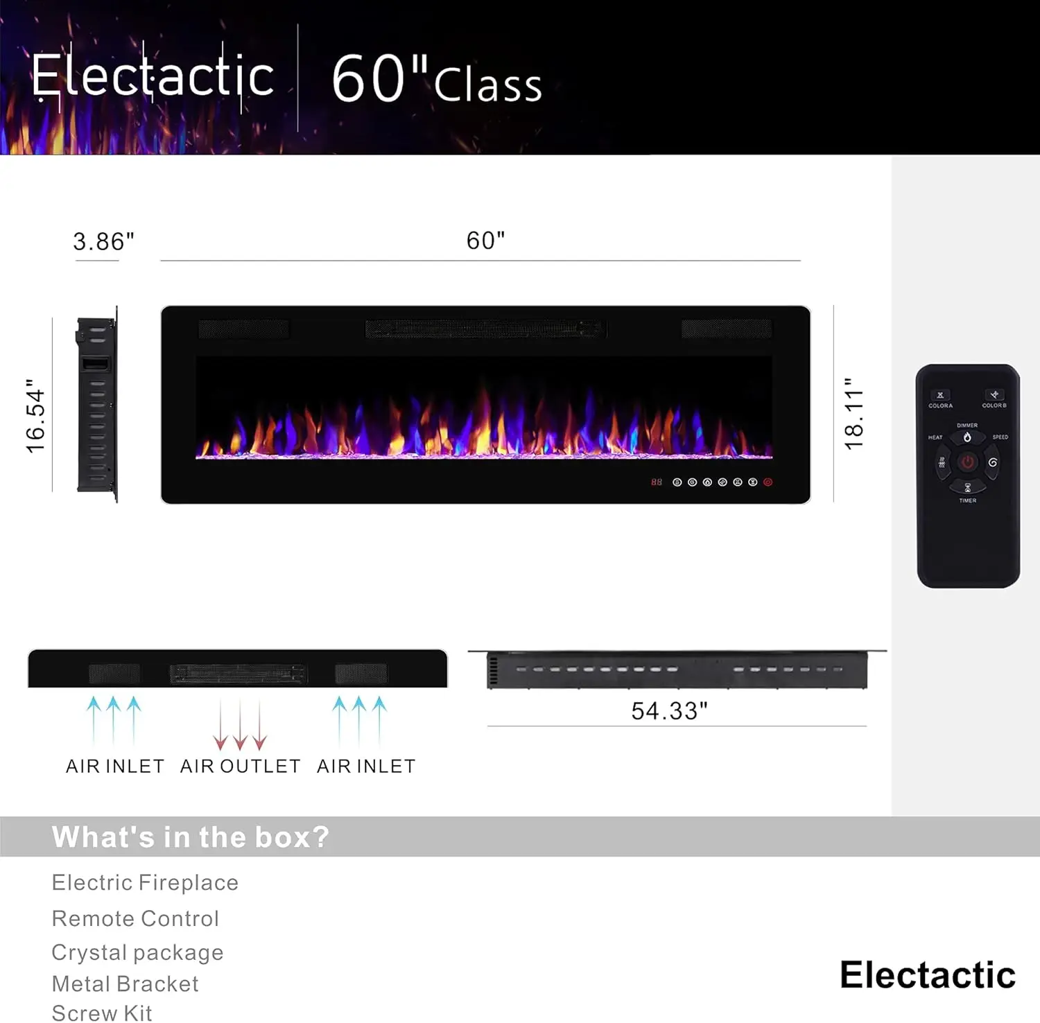 60 inches Electric Fireplace Recessed and Wall Mounted, Fireplace Heater and Linear Fireplace, with Timer, Remote Control, Adjus