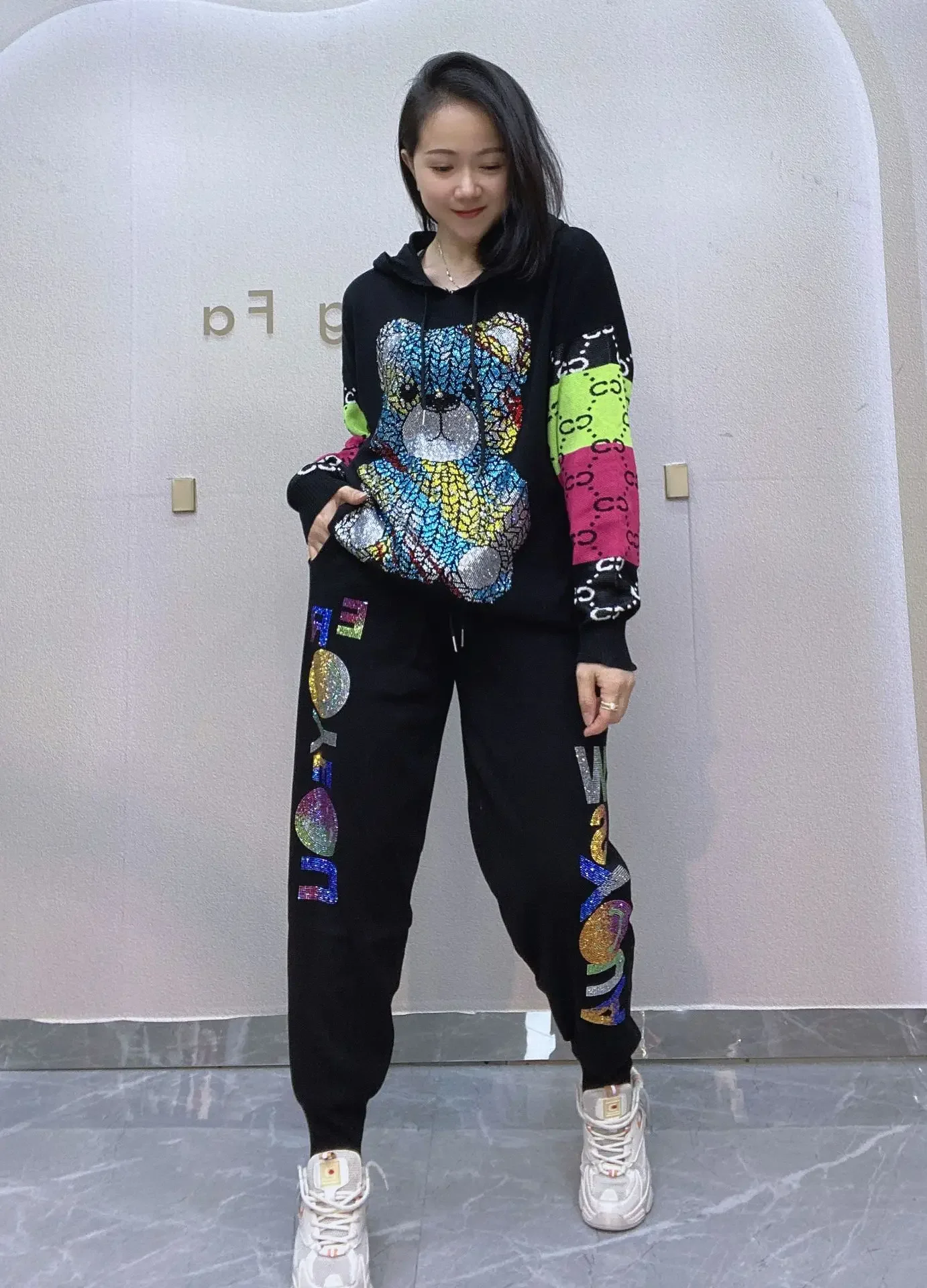 

Colorful Bear Diamonds 2 Piece Sets Womens Outfits Letter Print Casual Tracksuit Women Autumn Loose Hooded Sweater Joggers Femme