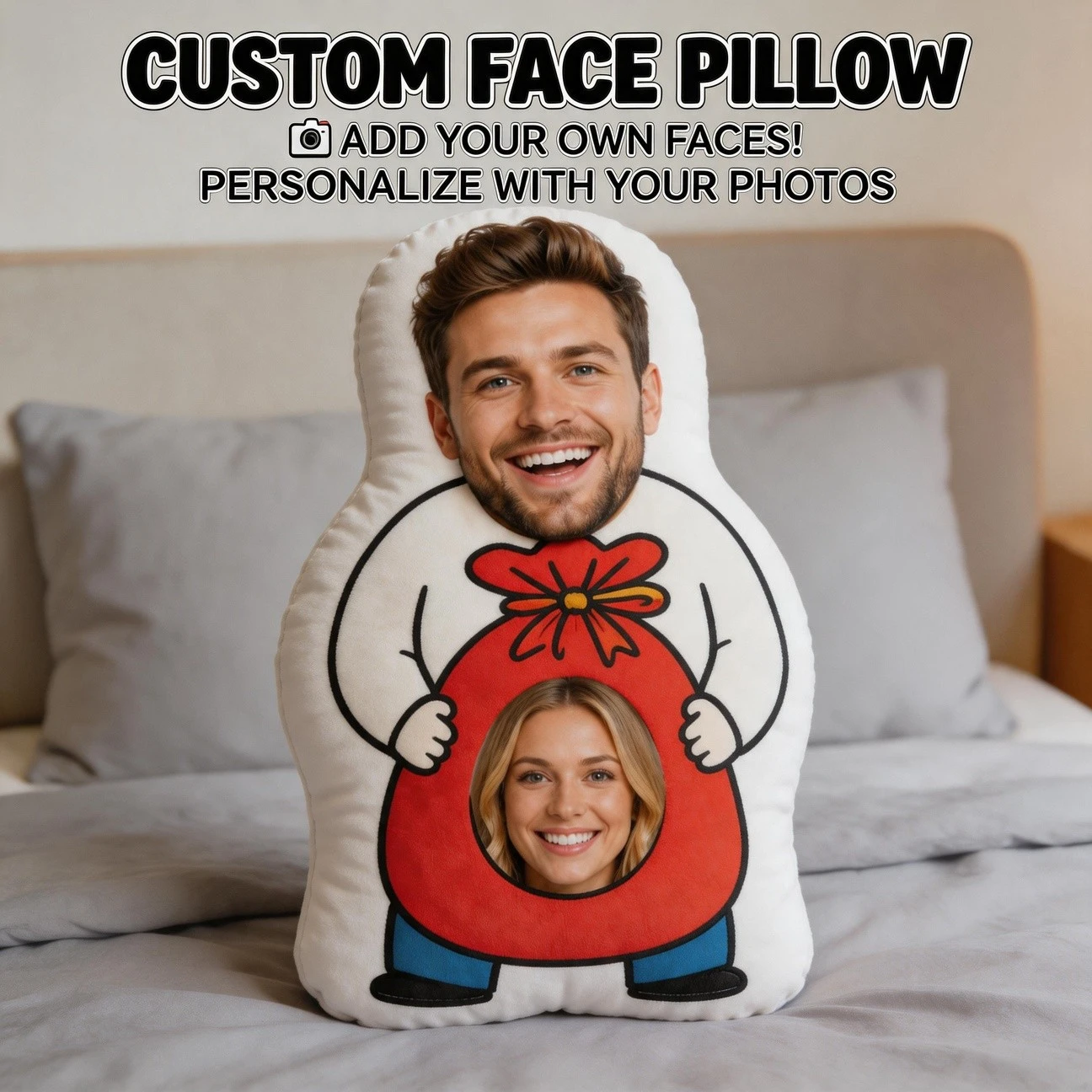 Custom Couple Photo Shaped Pillow, Funny Gift Bag Design Personalized Face Decorative Cushion, Unique Home Decor Accent for Sofa