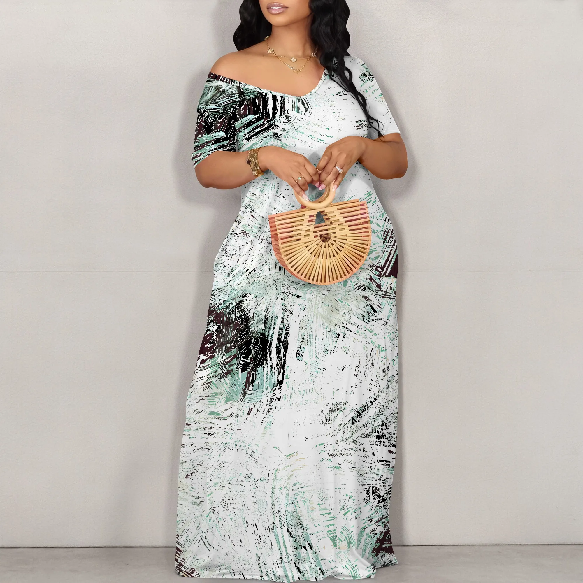 

Women's Sexy Off Shoulder Backless Bodycon Long Maxi Dress Fashion Denim Printed High Split Casual Party Dress