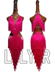 New Latin Dance Competition Performance Dress Women's Adult Custom Rose Fringed Skirt Embroidered Diamond