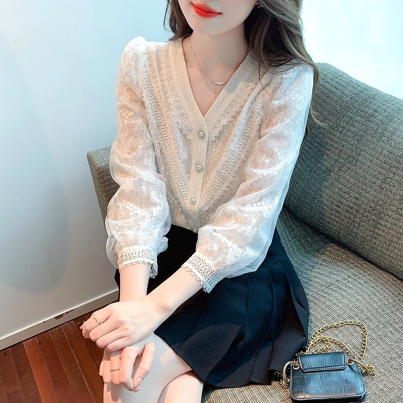 Long Sleeve White Blouse Women V-Neck Lace Blouse Shirt Women Tops Blusas Mujer De Moda 2024 Blouses Shirts Blusa Feminina G222