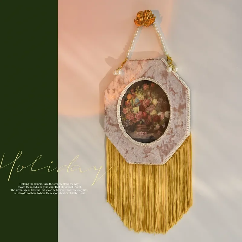 Original Large Size Plus Glass Retro Pearl Chain Fringed Decorative Hanging Picture Wall Hanging Baroque Rococo Style Art