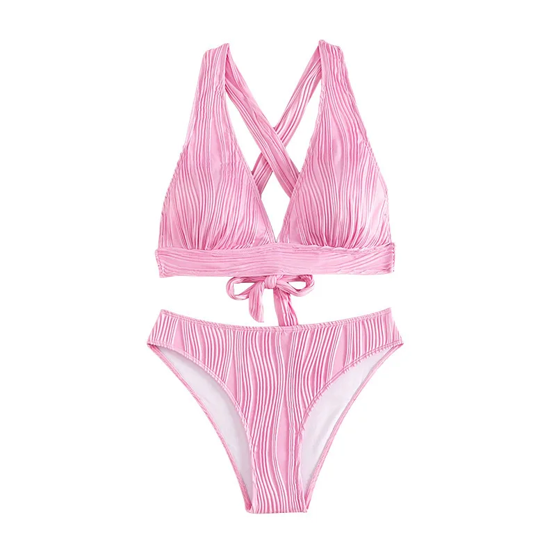 Women Summer Elegant Solid Color Bikini Women's Strappy Two-Piece Swimsuit Hot Spring Swimsuit Sexy Backless Bandage Beachwear