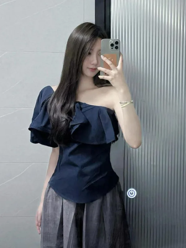 

Pure Color Ruffle Shoulder Asymmetrical Shirt Women's Summer Tube Top Design Unique Beautiful Top Fashionable Casual Wear