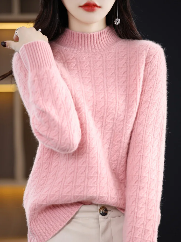 Women Sweater For Winter Thick Mock Neck Long Sleeve Sweater 100% Merino Wool Twist Flower Cashmere Knitted Jumper Korean Style