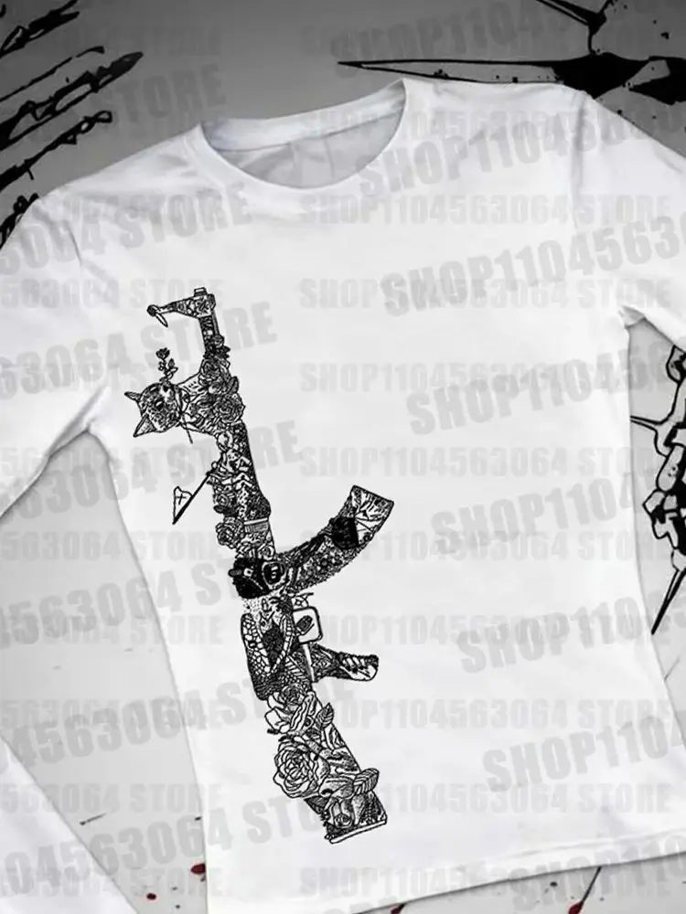 Y2K Harajuku retro street style gothic punk printed women's long sleeved T-shirt casual slim fit sexy fashionable decadent girl'
